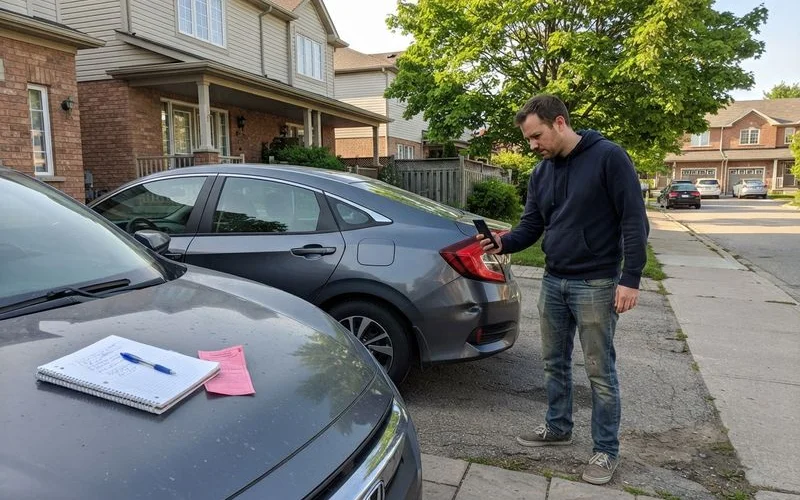 A driver on the phone outside their vehicle after a minor collision, exchanging information