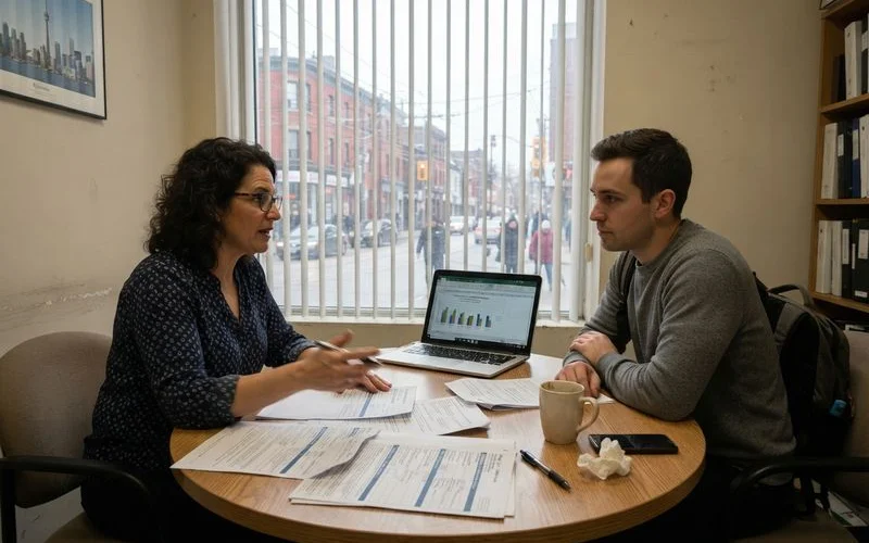Two people having a friendly consultation across a desk, one explaining paperwork to the other