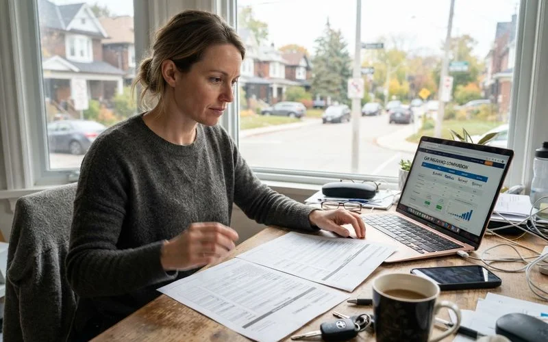 A person comparing two car insurance policy documents side by side at a desk