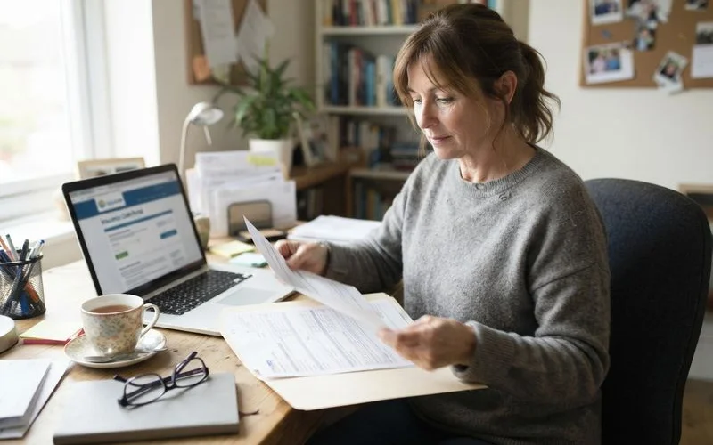 A person organizing paperwork and documents on a table while making a phone call