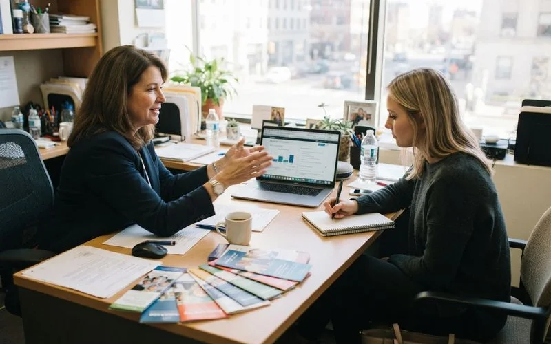 Two people sitting across a desk during a consultation, reviewing insurance documents together