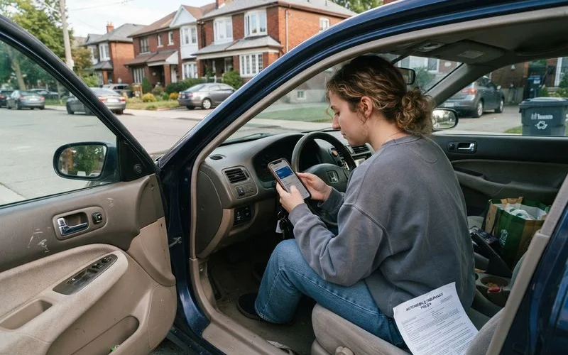 A new driver receiving car keys and reviewing insurance documents with a family member