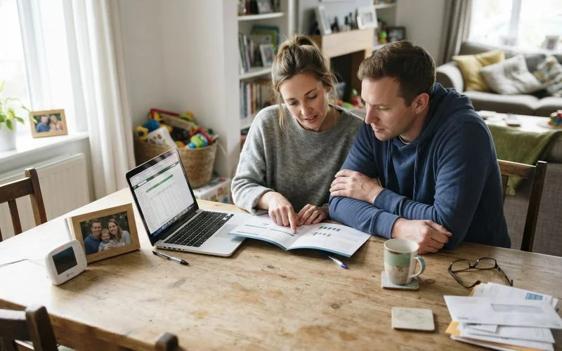 New parents reviewing paperwork together while a baby sleeps nearby in a bassinet