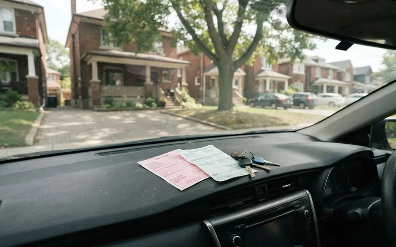 A close-up of a proof of insurance card and vehicle registration document on a car dashboard