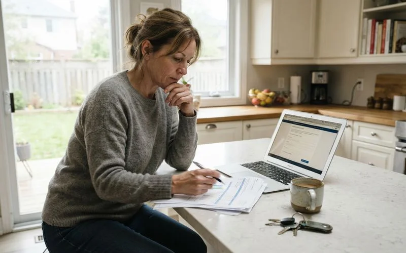 A homeowner reviewing a home insurance policy at a kitchen table with a laptop open