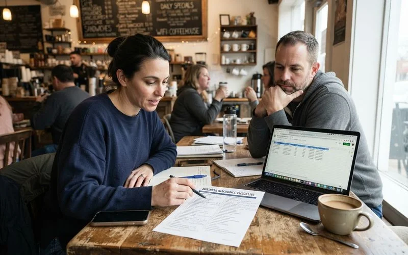 A small business owner reviewing insurance paperwork in a storefront or office setting