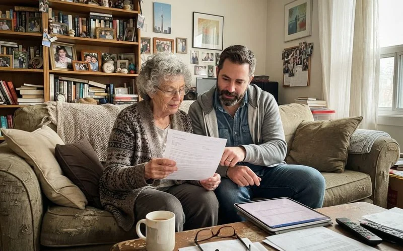 An adult child and older parent reviewing paperwork together at a table