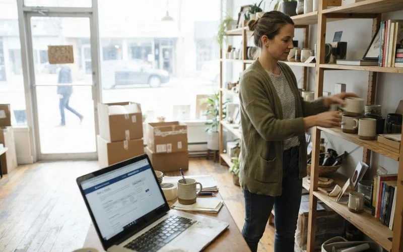 A small business owner setting up a new storefront or workspace, unpacking boxes and equipment